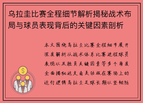乌拉圭比赛全程细节解析揭秘战术布局与球员表现背后的关键因素剖析